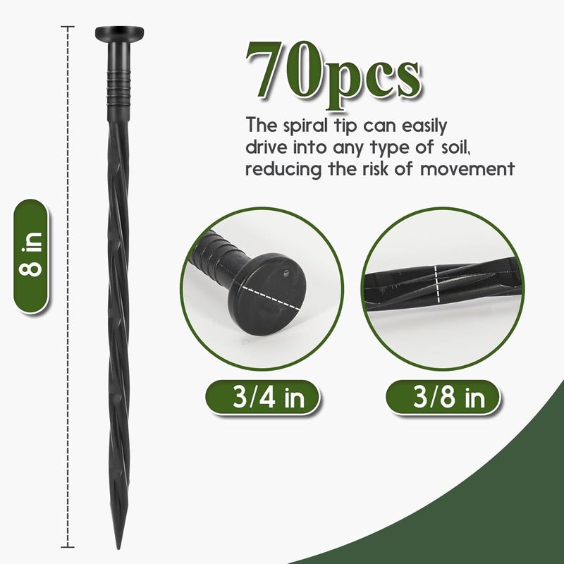 Garaook Landscape Edging Stakes, 70 Pcs 8" Plastic Garden Spikes, Spiral Nylon Anchoring Spikes for Paver Edging, Weed Barriers, Artificial Turf, Tent, Grass Pathway and More, Black - Image 4